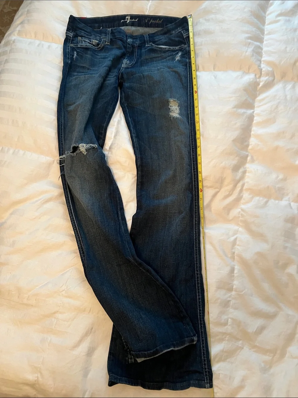 7 For All Mankind Dark Blue Denim Bootcut Jeans with Embellished Back Pocket